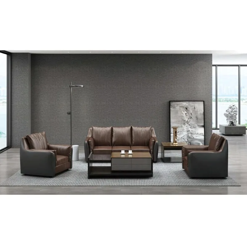 New Modern Luxury High End Coffee Color Boss PU Leather Office Executive Commercial Sofa