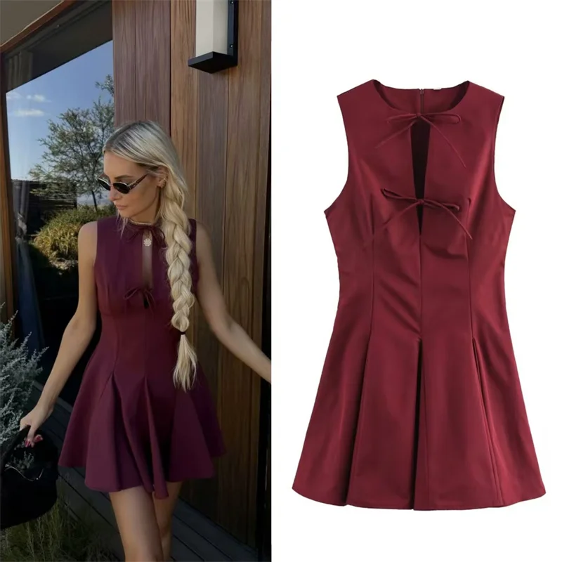 

2025 New Sleeveless Mini Skirt Women's Dresses Spring Sexy Scheming Bow Embellishment Wide Skirt Mini Skirt Parties