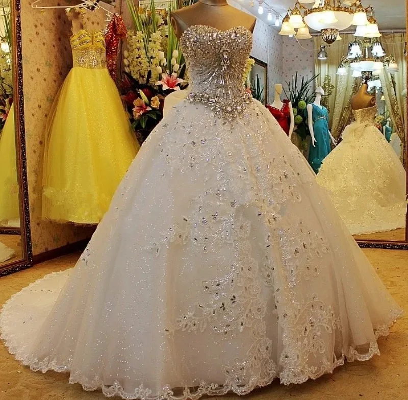 Real Crystal Sweetheart Charming Ball Gown Wedding Dress Sparkly Vestido de novia Luxury Formal  Bridal Gown Court Train