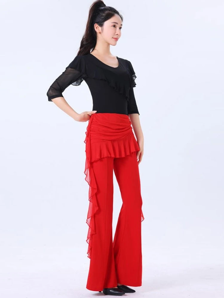 Calças de Prática de Dança Quadrada Fenas, Calças Modernas de Dança, Roupa de Dança Latina, Calças Longas de Aodão e Po...