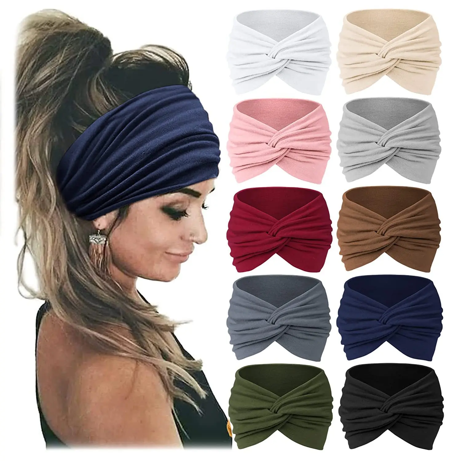 

10PCs/set Solid Color Knotted Elastic Headbands Fashion Fabric Bow Tie Wide Headband Hair Accessories Sporty Headwear