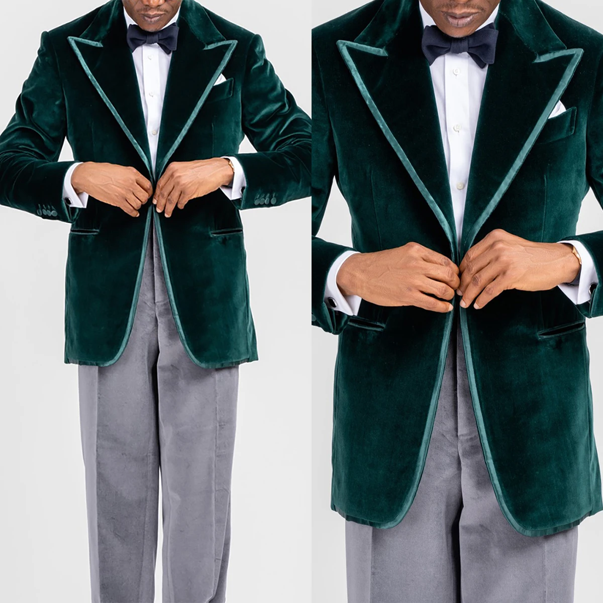 Modern Wedding Men Suits Blackish Green Flannel Tuxedo Peaked Lapel Velvet Customized 2 Piece Blazer Pants Tailored Handsome