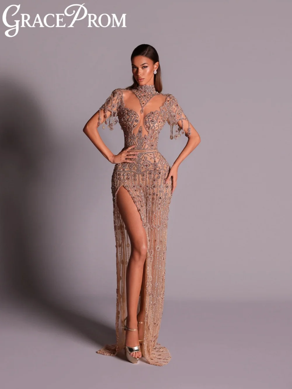 

Rose-Gold Crystal Floor-length Evening Dress Sexy Illusion High Slit Wedding Party Gown New Customized Exquisite Prom Dresses