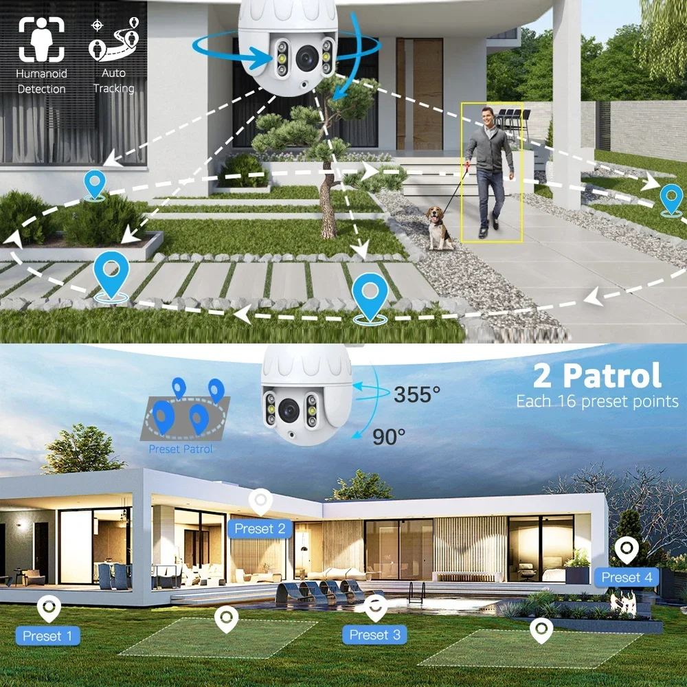 Cámara de seguridad PTZ con WiFi 4K para exteriores, cámaras IP con Zoom óptico de 8MP y 5X, seguimiento automático, visión nocturna en Color, cámaras domo de Audio bidireccional