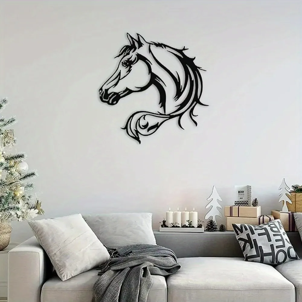 CIFbuy ™ Arte de pared de metal con cabeza de caballo: silueta de hierro para colgar en la pared para el hogar moderno, elegante decoración de escultura atemporal