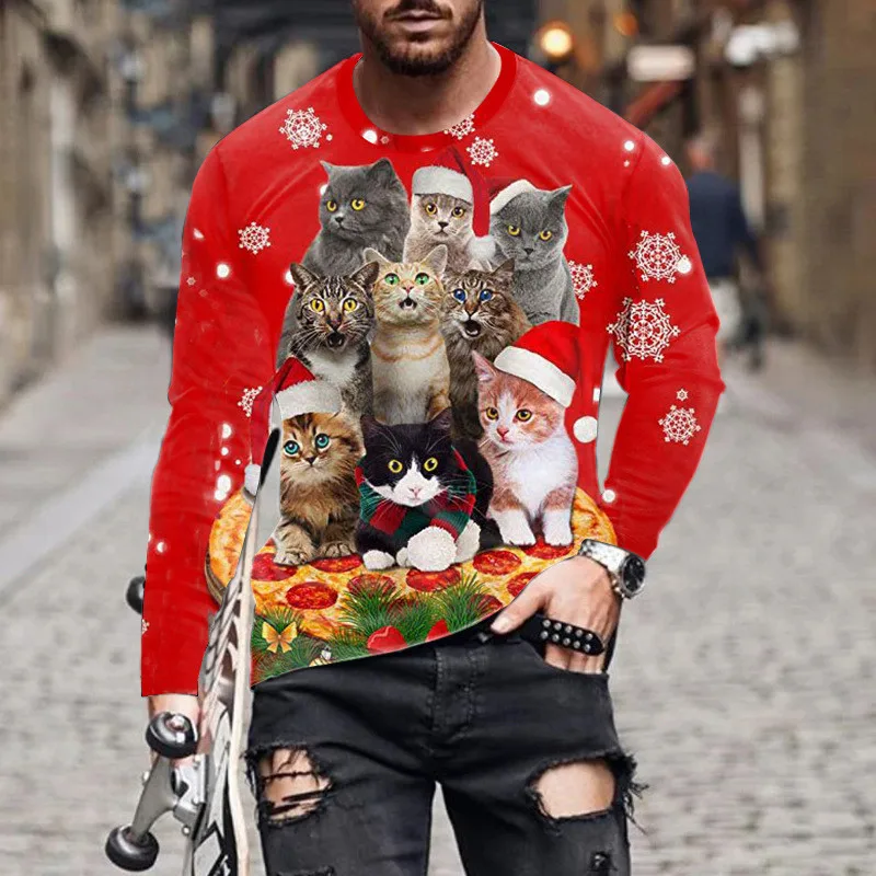 Autumn Winter Christmas Style Men\'s Long Sleeve T-Shirts Snowflake And Deer 3D Print Male Red Tees Festival Casual Big Size Tops