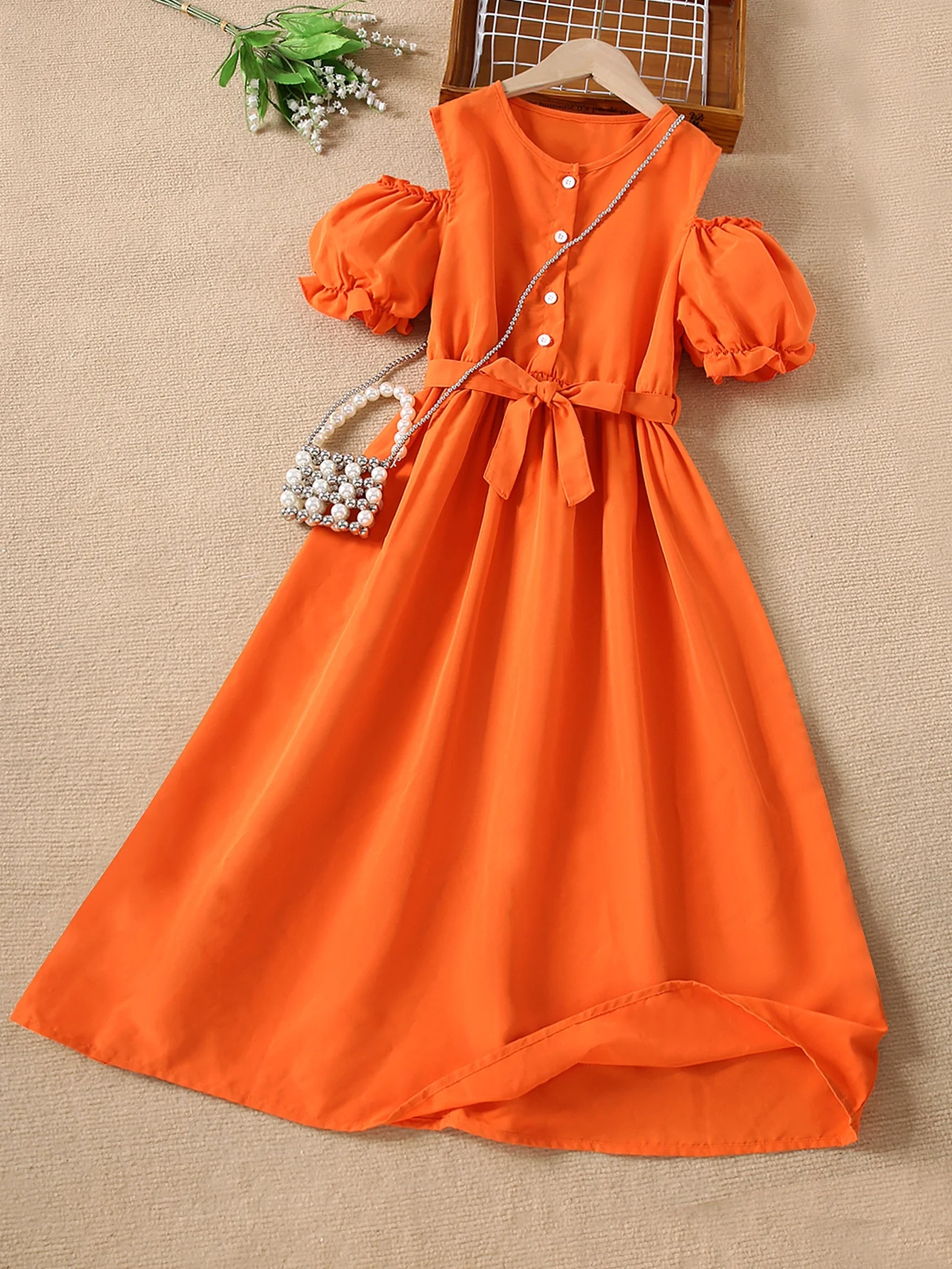 Sommer Stil Mädchen schulter freie Blase Ärmel einfarbig Sommerkleid Mode Party Geburtstags feier Kleid mit Gürtel enthalten