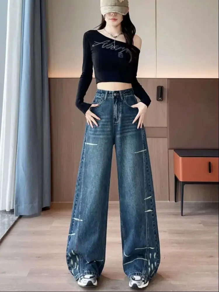

Женские джинсы клеш с высокой талией, винтажные, с принтом, из денима с начесом, новинка 2026 года, модные повседневные брюки в уличном стиле