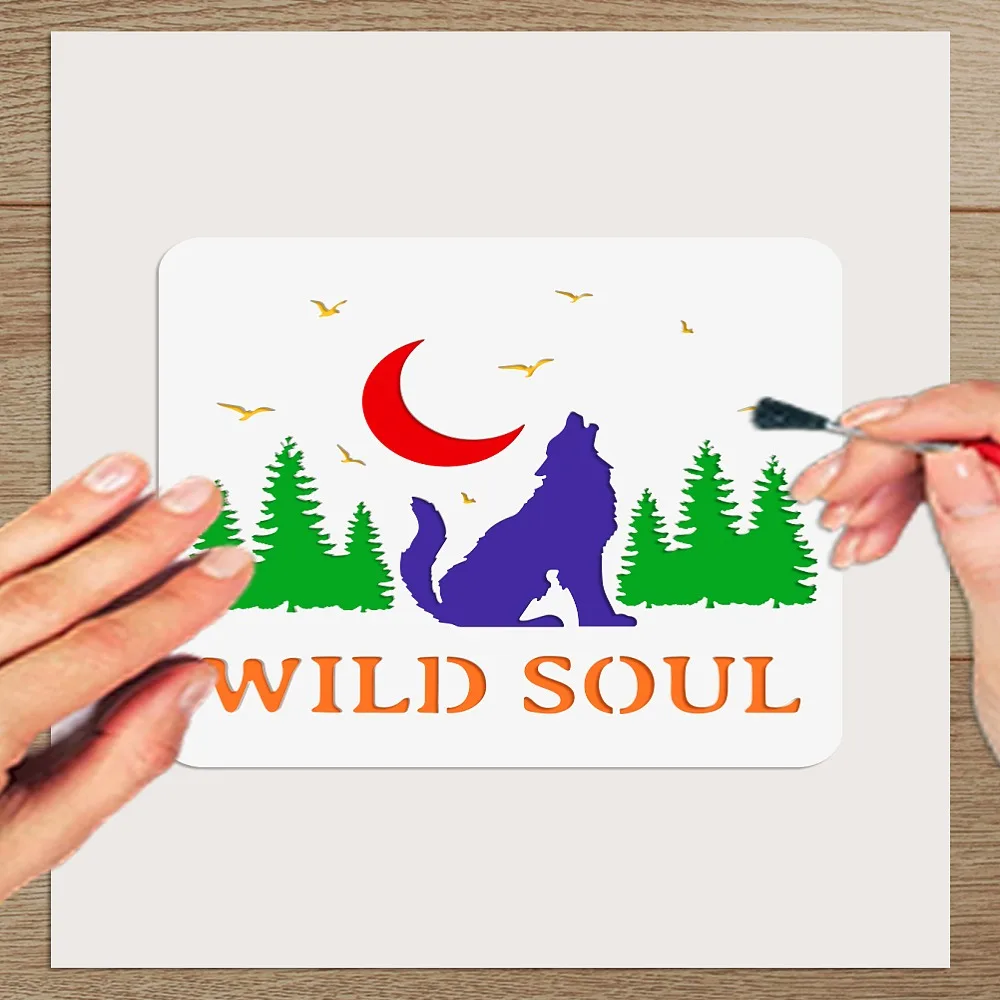 4 Stück 5,9 x 5,9 Zoll große Tierschablonen aus Kunststoff, Wald, Wolf, Mond, wiederverwendbare Vorlage zum Malen auf Scrapbook-Stofffliesen