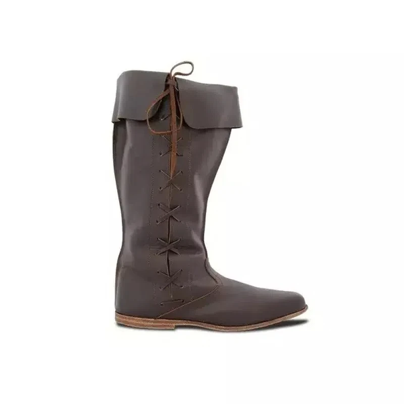 Middeleeuwse Renaissance lederen hoge laarzen voor mannen en vrouwen Halve Haddock Schoenen Piraatkostuum Retro dikke hak lange snowboots