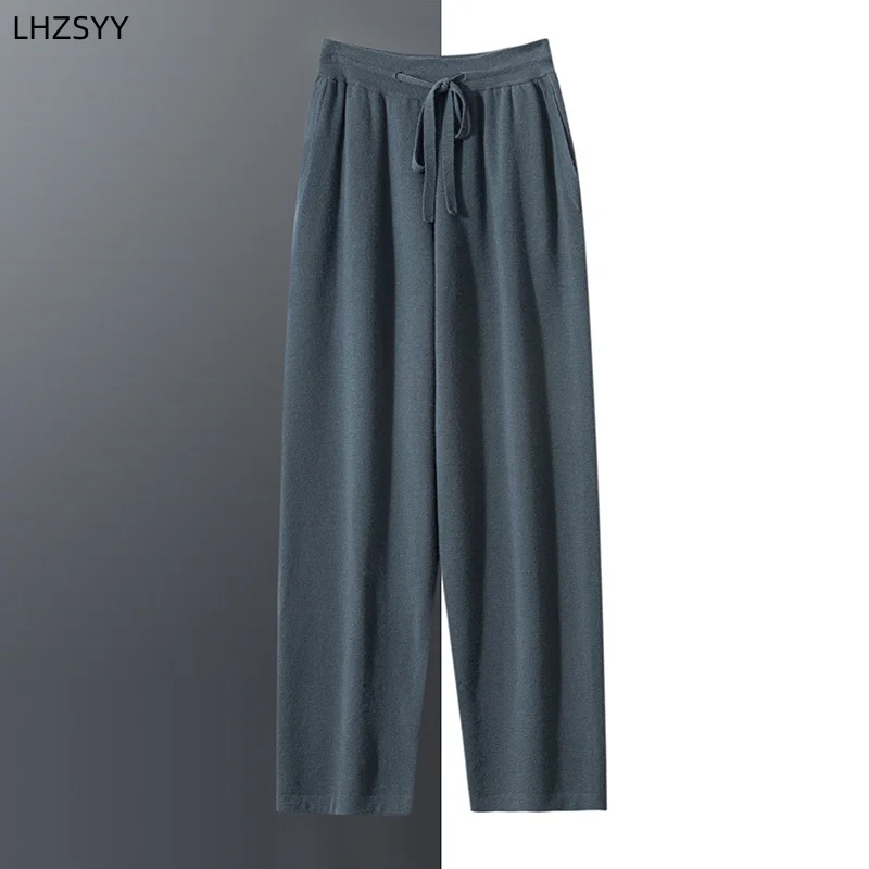 LHZSYY High-end Worsted 100%Pure Goat Cashmere Trousers Men' Spring/Autumn Knit Loose Casual Pants Soft Cosy Straight Long Pants