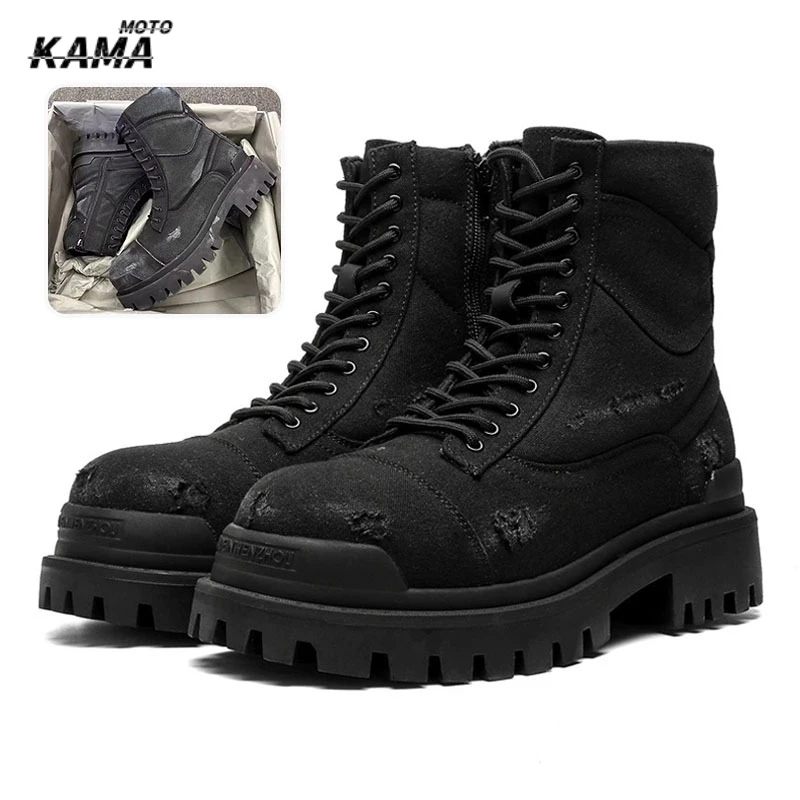 

HOT Autumn Winter High-top Motorcycle Boots Men Lace-up Do-the-old Thick Bottom Short Ankle Boots with Zipper Man Black Boots