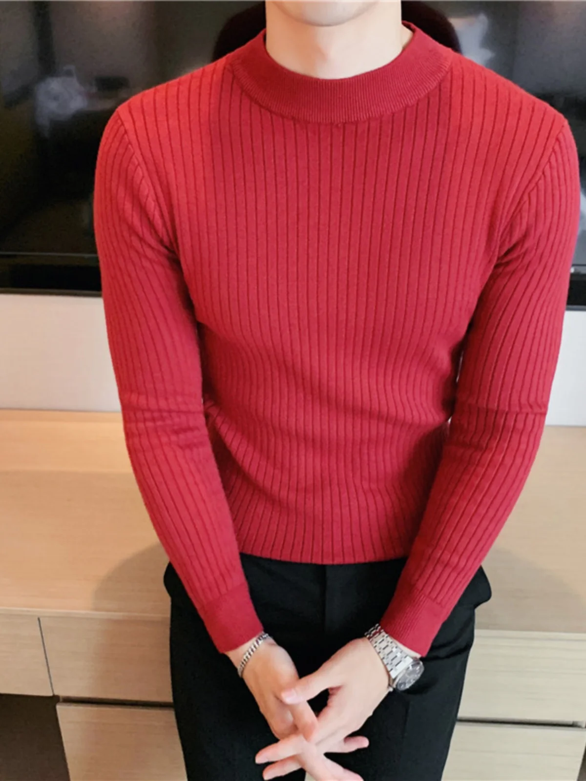 슬림핏 하프 하이 칼라 니트웨어 남성용 봄 가을 단색 기본 셔츠 한국 패션 스타일 긴팔 스웨터