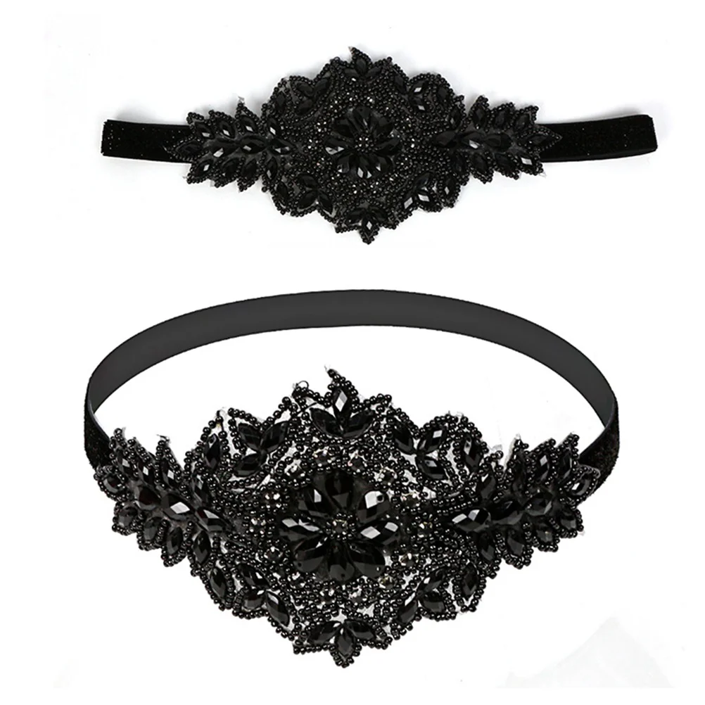 Trendy Retro Crystal Rhinestone Flapper Headpiece Headband Hair Band Party Bridal For Women Brides(Black)