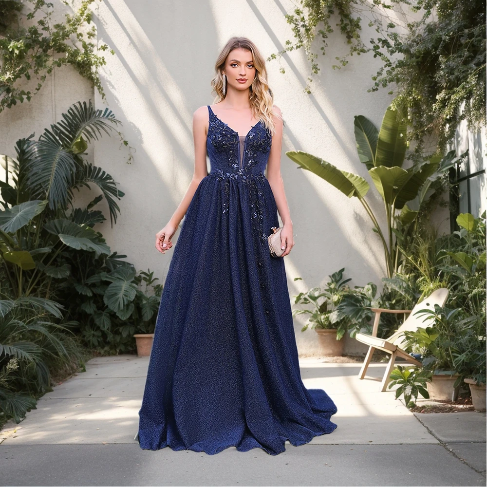 New Glitter Navy Evening Dresses Women 2024 A Line Elegant Appliques Beaded V Neck Prom Gowns Maxi Formal Party Robe De Soiree