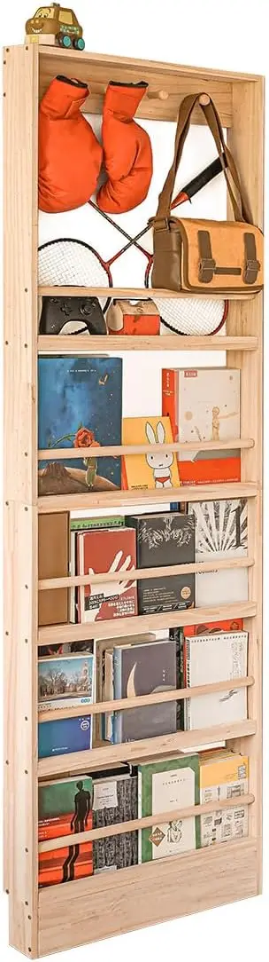 

Wall Mount Wooden Kids Bookshelf with Hooks, Toy and Book Organizer, Space-Saving Design