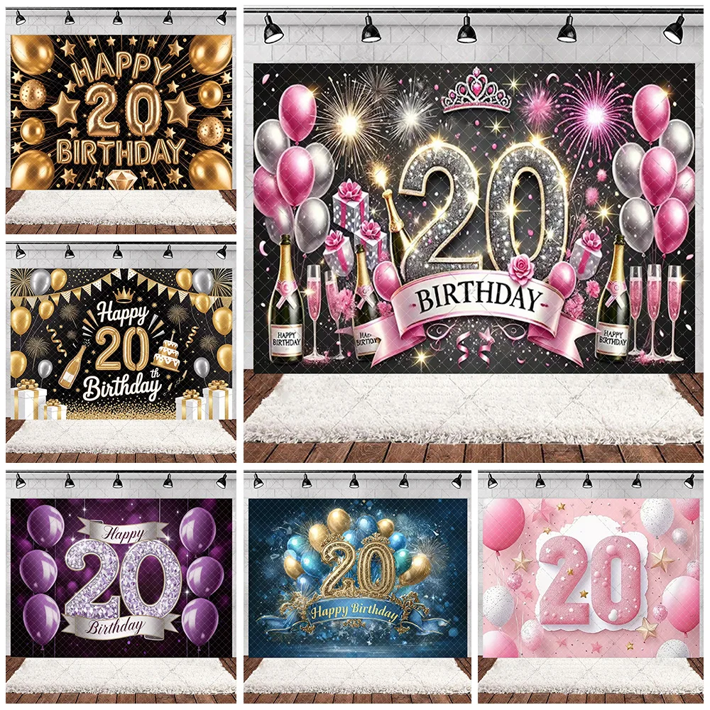 

20th Happy Birthday Party Backdrop Decoration Supplies Sparkling Rose Gold Pink Gold Balloons Boy Or Girl Photography Background
