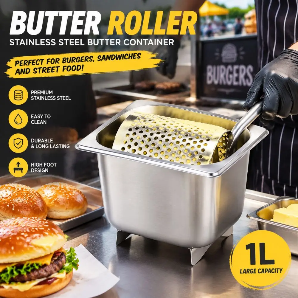 Convenient Stainless Steel Butter Roller Box 1L Capacity High Leg Butter Dispenser Silver Butter Spreading Container Burger Shop