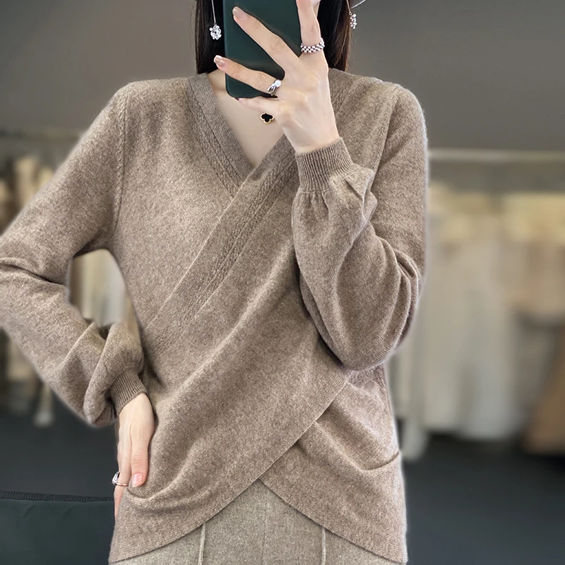 Women 100% Fine Merino Wool Sweater Cross V-neck Lantern Sleeve Pullover Autumn Winter Cashmere Casual Knit Warm Irregular Tops