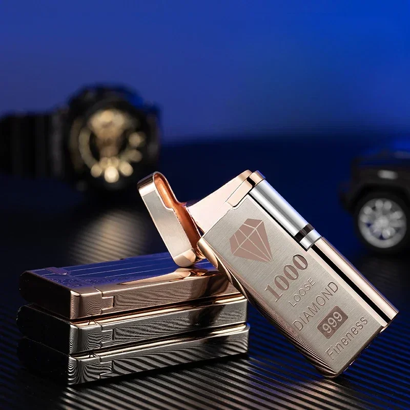 Metal Electroplated Thin Windproof Red Flame Inflatable Lighter Roller Sideslip Ignition Battery Butane Gas Lighter Gift No Gas