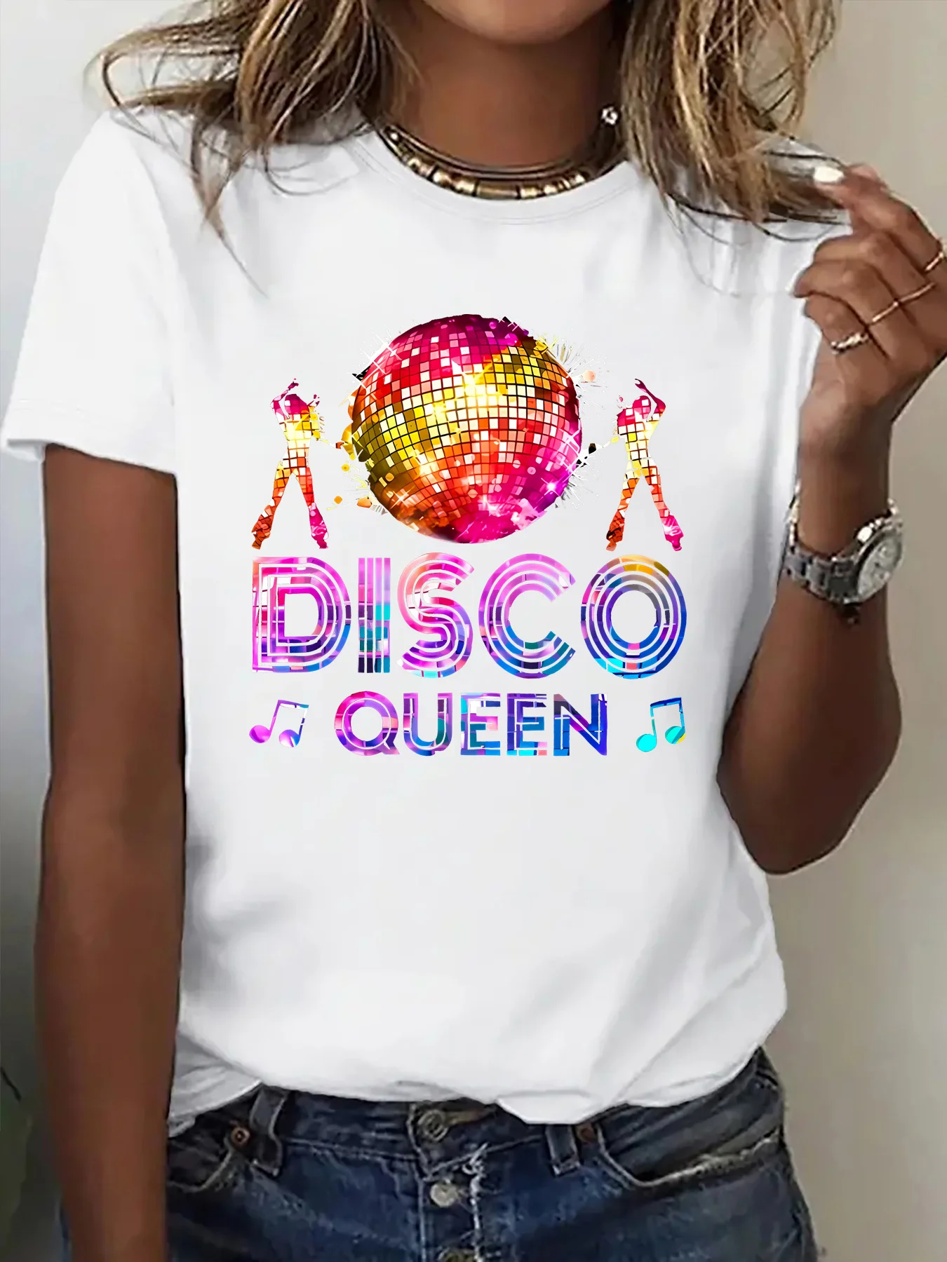 Women Tee Disco Queen Mirror Ball Dancer Retro Music Party Graphic Print Round Neck Short Sleeve Soft Ladies Casual Shirt