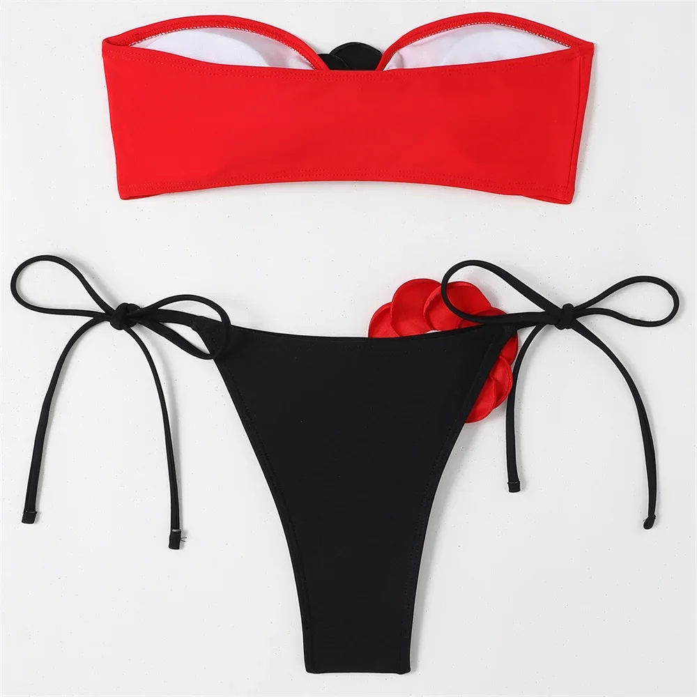 RED Bandeau Swimsuit Micro Bikini Extrem Black Flower HOT Sexy Push Up Swimwear Women Beach Bathing Suit Tangas Biquini Feminino