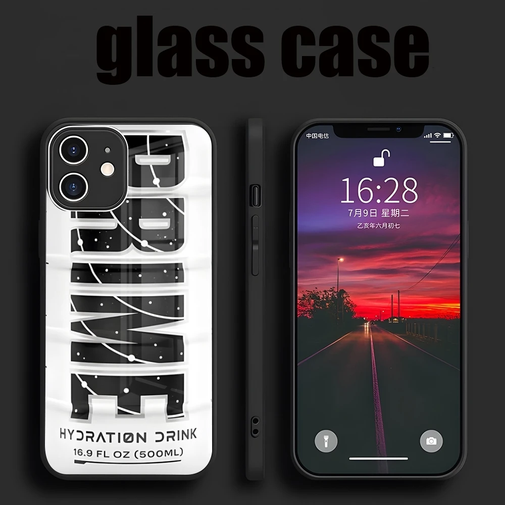 Prime Drink Phone Case For iPhone 16 14 15 Pro Max Plus 13 12 11 X XR XS 8 7 6 MINI SE 2022 Glass Design Back Cover