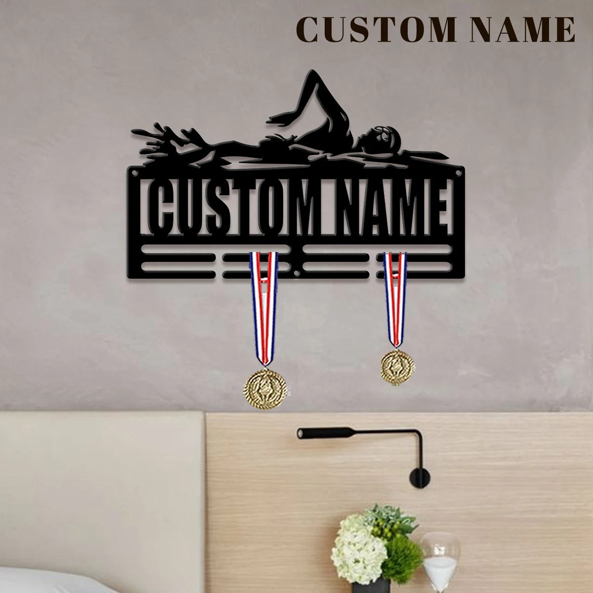 1pc Custom Swimming Champion Metal Medal Holder,Sports Carnival Hang Metal Wall Art Suitable for Running Marathon Sports Record