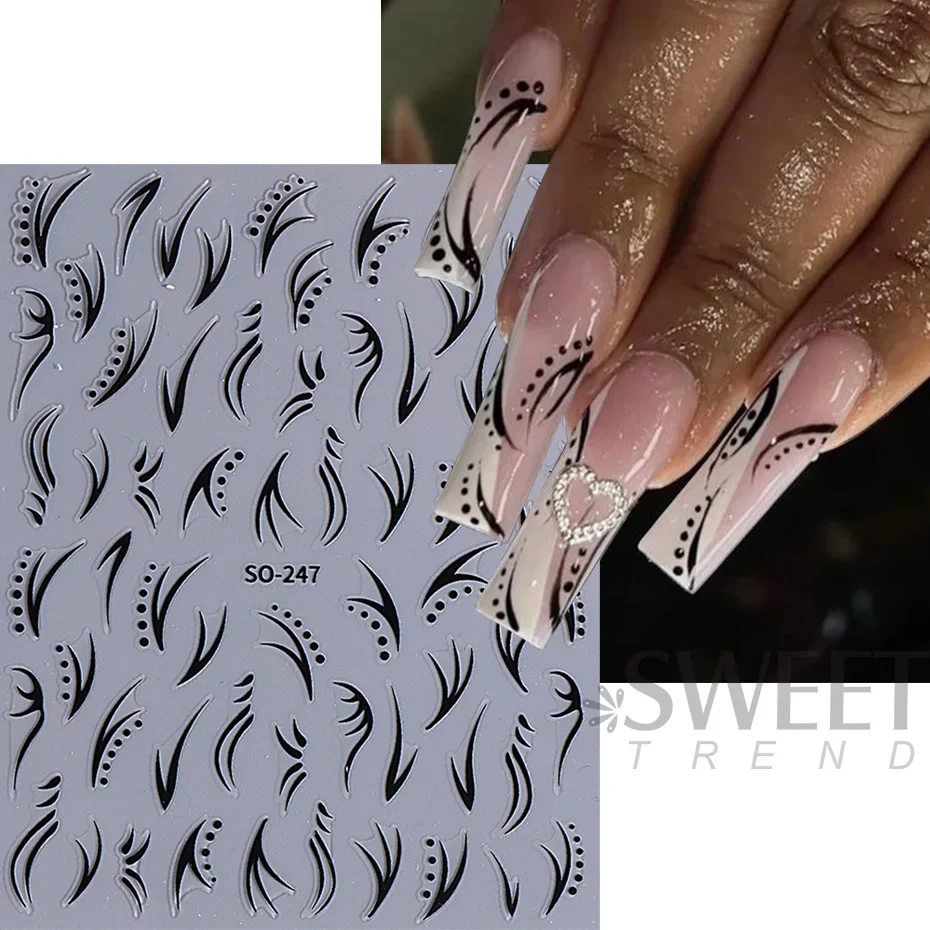 3D Black White Simple Vine Nail Art Stickers Gold Silver Line Hibiscus Flower Self-Adhesive Slider Decal DIY Manicure Decoracion