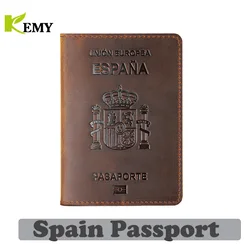 Kemy-capa de passaporte de couro genuíno para homens e mulheres, cartão de crédito, carteira vintage de viagem, alta qualidade, Espanha