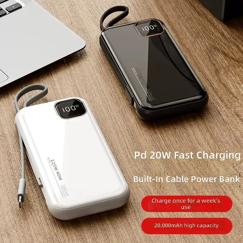 for Apple Android 40W Power Bank 20000mAh Large Capacity Portable Charger with Built in Cable Compact Mobile Power Supply