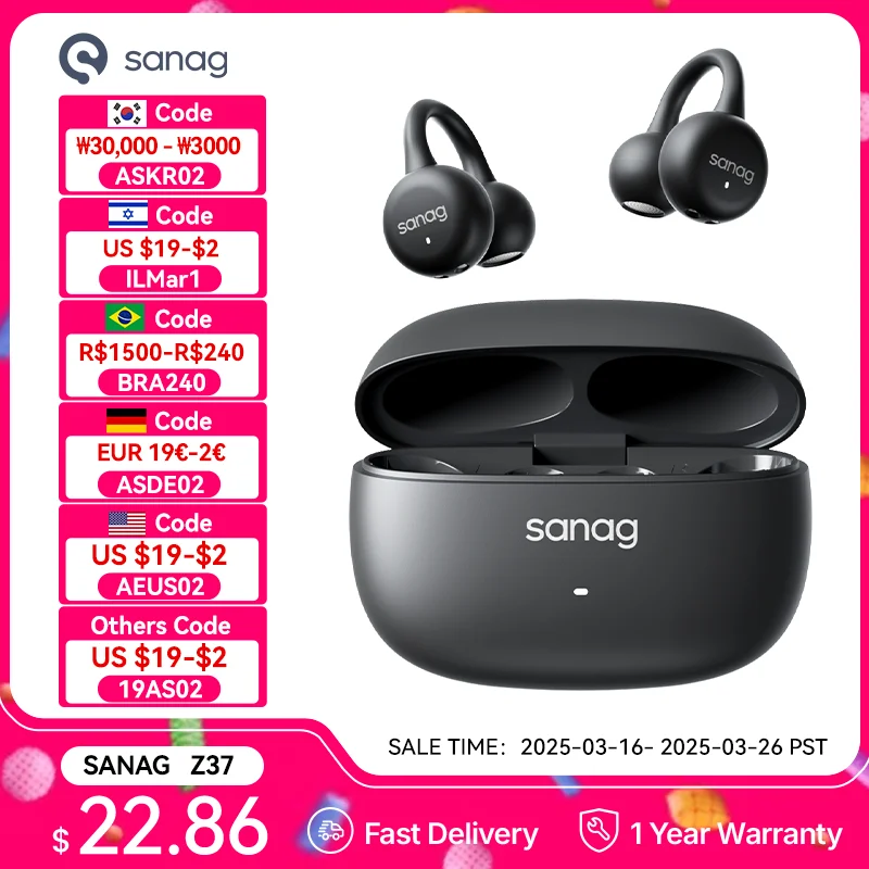 Sanag Z37 Ear Clip Earphones Air Conduction Open Ear Earbud Bluetooth 5.4 Wireless Bluetooth Headphones IPX4 40H Playback 3.3g