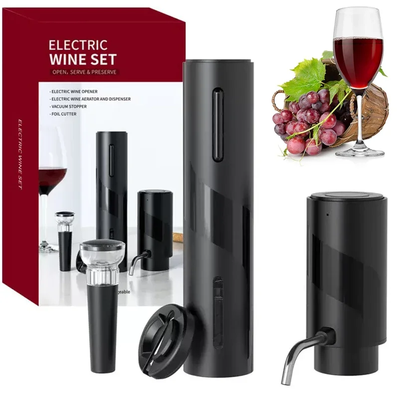 

Перезаряжаемый через USB электрический набор открывалок для вина 4-в-1 с графином, аэратором, пробкой и резаком для фольги — полный набор инструментов для вина