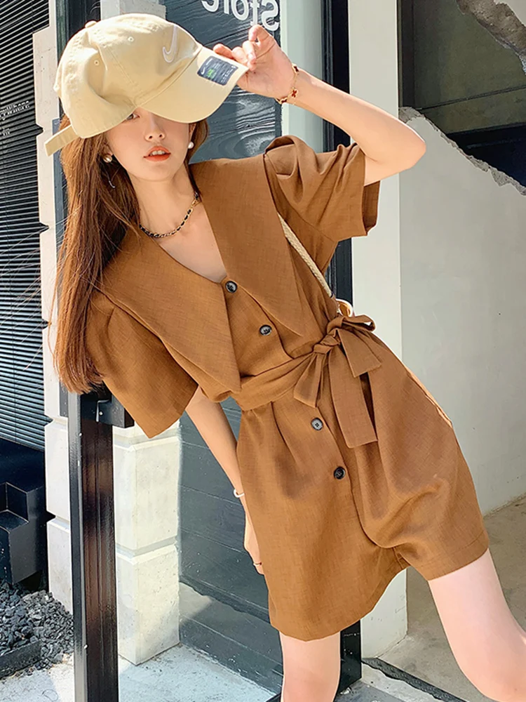 

Korean Style Baby Doll Collar One-Piece Pants Women's High Waist Slimming Wide Leg Shorts Summer New Arrival Commute Straight