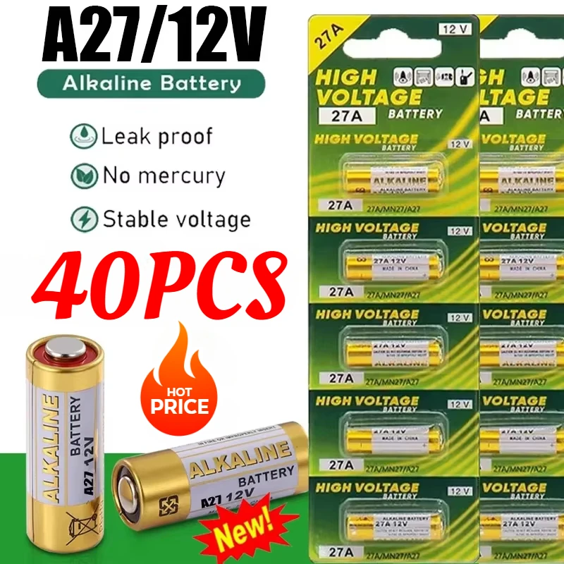 40PCS Alkaline Battery 12V A27 27A G27A MN27 MS27 GP27A L828 V27GA ALK27A A27BP K27A VR27 R27A for Alarm Remote Control Dry Cell