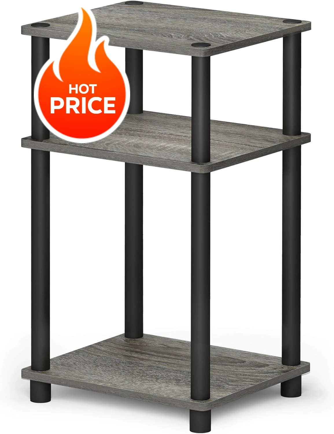 

3-Tier Turn-N-Tube End Table / Side Table / Night Stand / Bedside Table with Plastic Poles, 1-Pack, French Oak Grey/Black