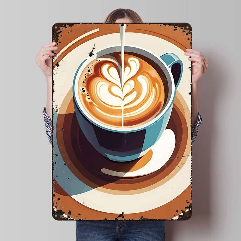 Latte Art in einer Blauen Tasse Metallposter Individualisierte Wandkunst Retro Vintage Metallschilder für Männerhöhle Dekoration Wohnungsdekoration