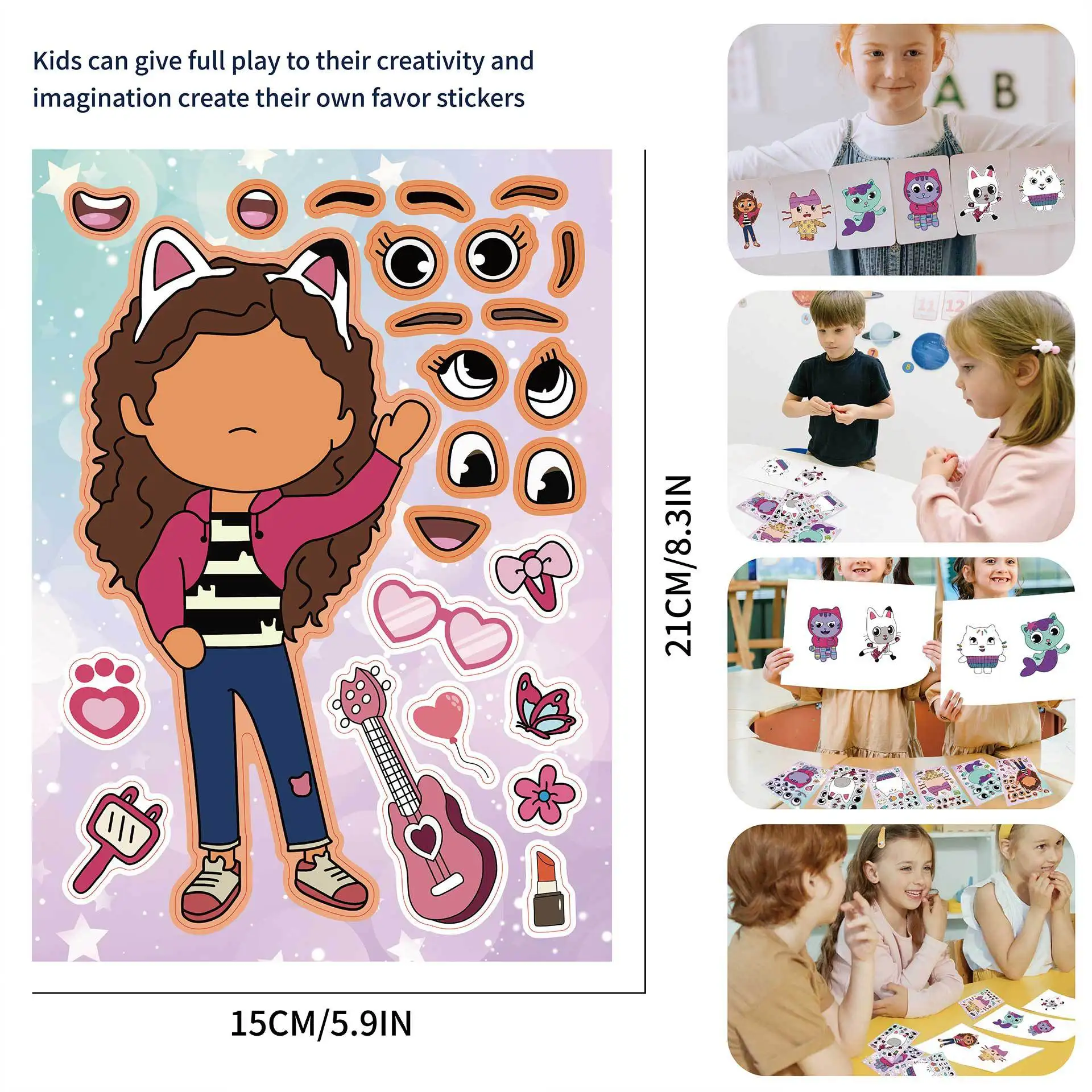 12/48Sheets Children Make-a-Face Puzzle Stickers Gabby Kids DIY Assemble Jigsaw Game Toys Doll House Party Kids Educational Toys