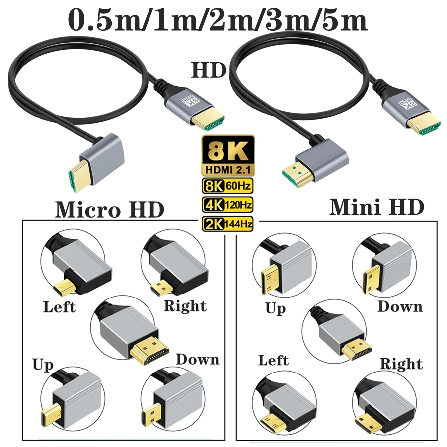 90 Degree 8K 5K Micro HDMI to HDMI-compatible UP/Left/Right Angle HDMI 2.1V Cable for TV PC Digital camera Sony a6400 GH4 tablet