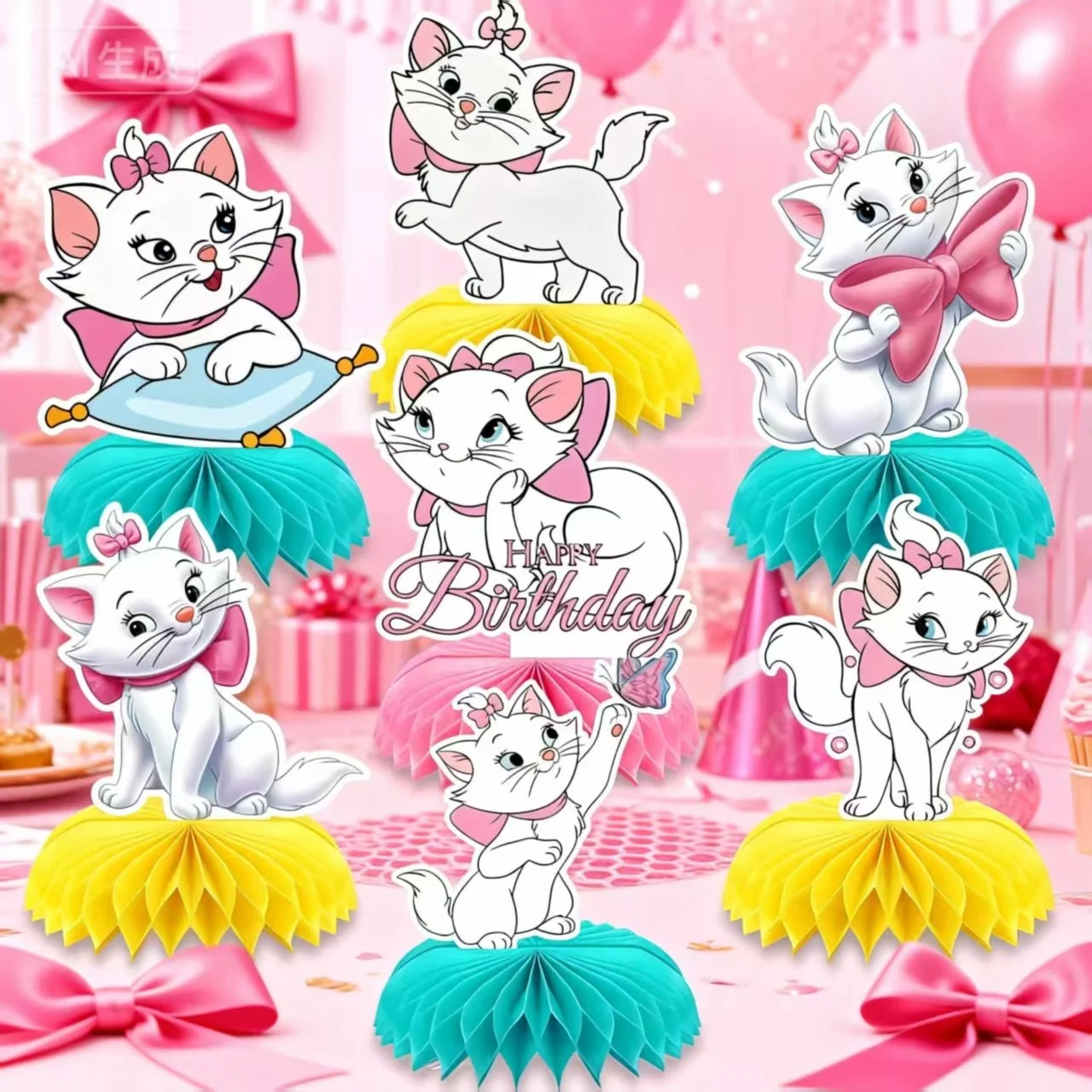 Decoración de Escritorio de Panal de Abeja Rosa Marie Cat, Adornos de Mesa DIY para Fiesta de Cumpleaños de Marie Cat, Decoraciones para Fiestas de Bebés y Niños