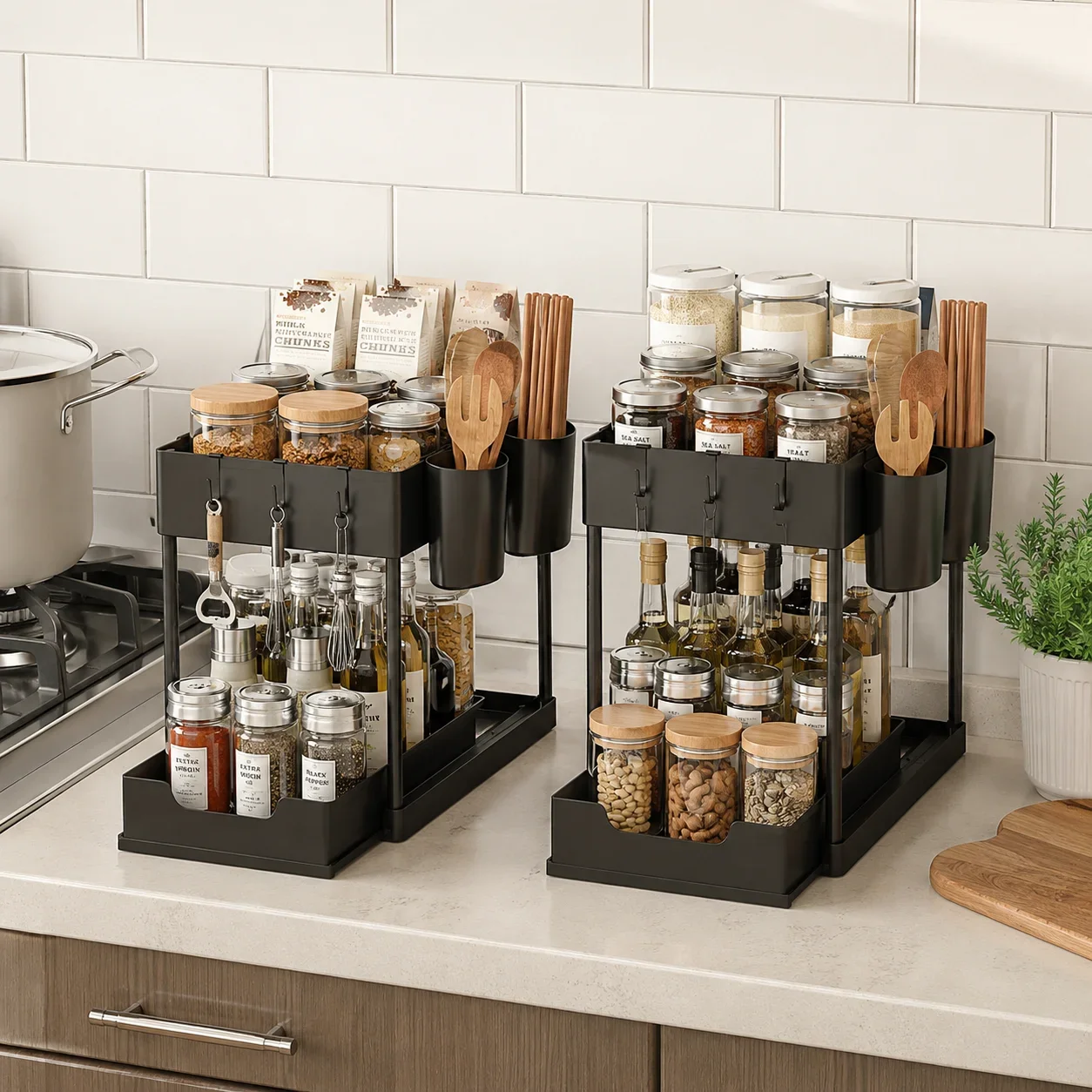 Under Sink Organizers And Storage,1/2 Pack 2-Tier Sliding Pull Out Basket,Antirust Carbon Steel Frame,With 5 Hooks & 2 Hanging Cups,Hollow Water Drain Design,Stable Deformation Resistant Rack For Kitchen,Bathroom,Desktop,Black