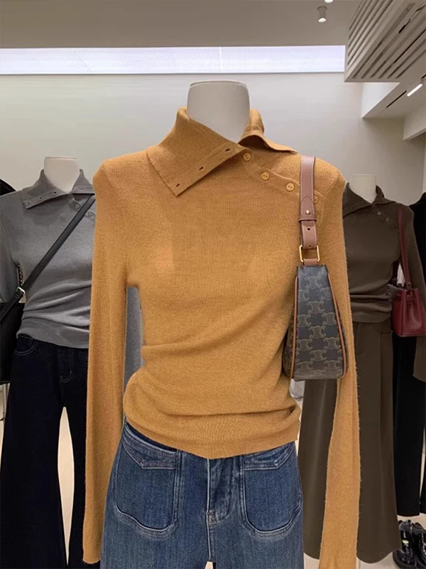 Gele onregelmatige ort kraag ontwerp gebreide top f hoge kraag lange Sve Base irt innerlijke slijtage voor dames vroege herfst