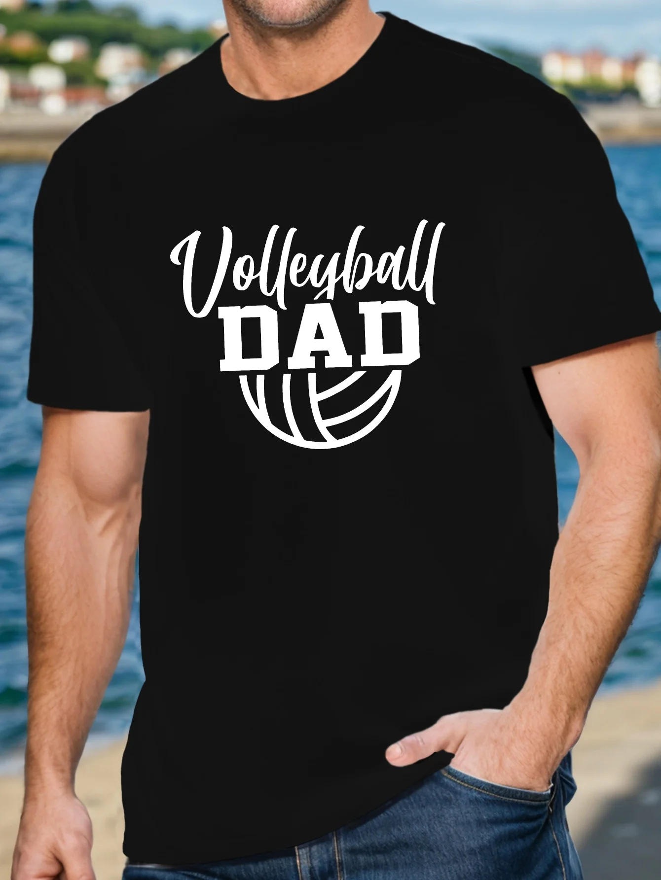 

VOLLEYBALL DAD Men's Short Sleeve T-Shirt - Casual Polyester Top with Volleyball Graphic, Round Neck, Regular Fit for Summer