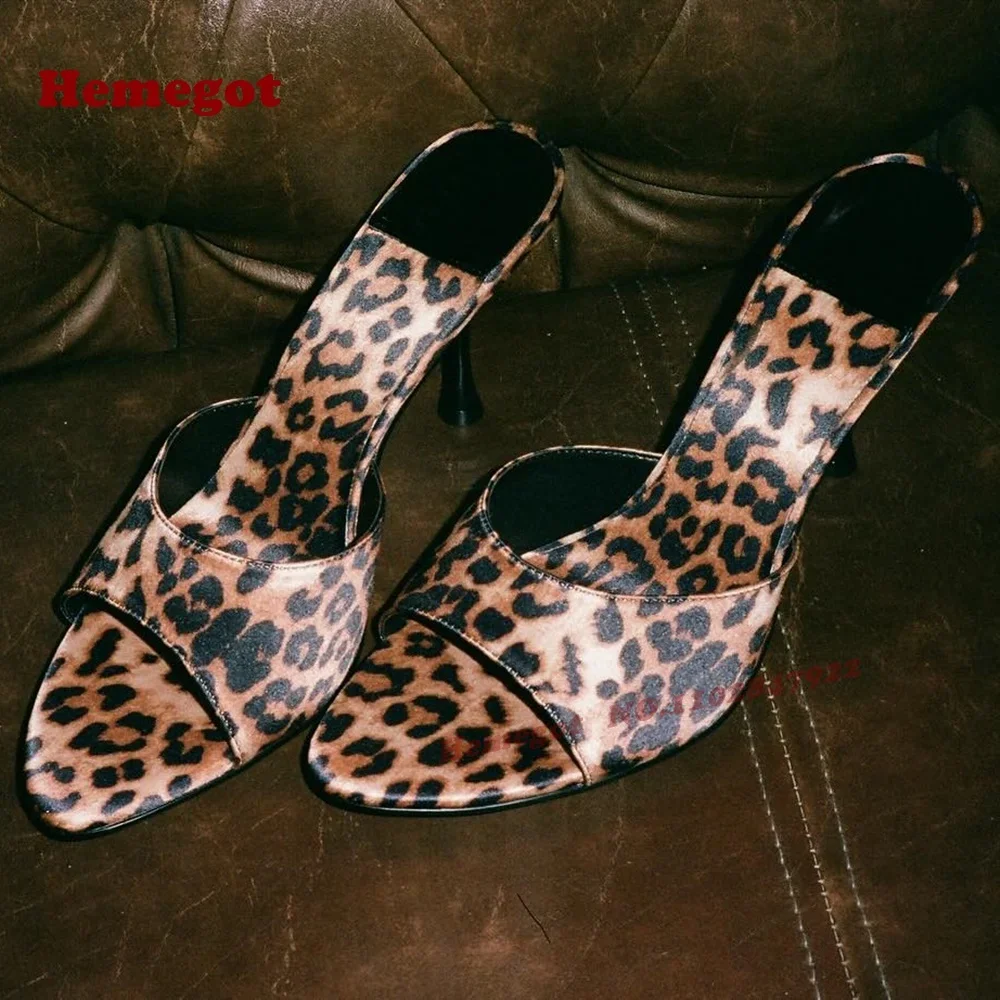 

Leopard Satin Stiletto Slippers Open Toe Slip On Women's Mules 2025 New Arrival Summer Outside Casual Shoes Runway Elegant
