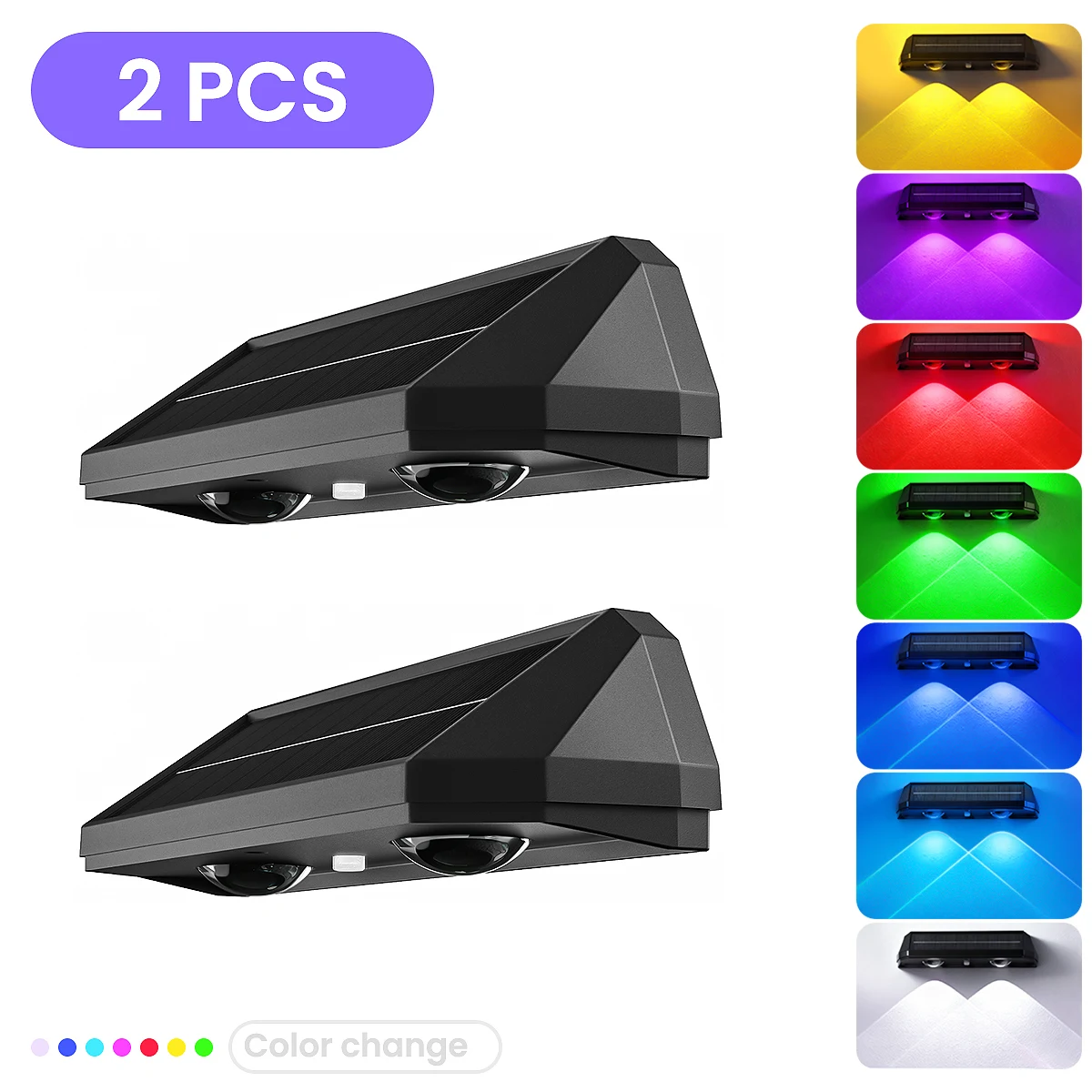 

2 шт. солнечные фонари для забора, длительный срок службы батареи, наружные водонепроницаемые цветные настенные светильники RGB на солнечной энергии для сада, двора, двора