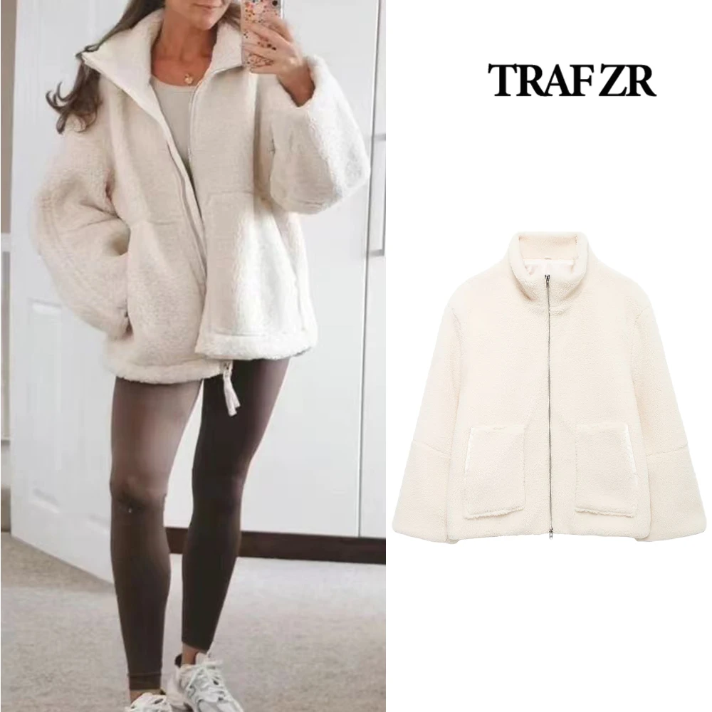 TRAF ZR Basic Loose Jacket Front Patched Pockets Stand Collar New in Coats and Jackets High Street Faux Sheepskin Outerwear