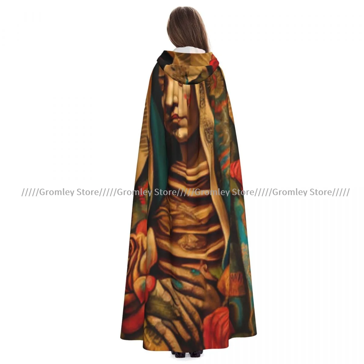 

Красивая леди Гваделупской, Мексика, Святая Святая Вера, плащ ведьмы с капюшоном, карнавальный костюм на Хэллоуин для взрослых, длинная вечерние накидка