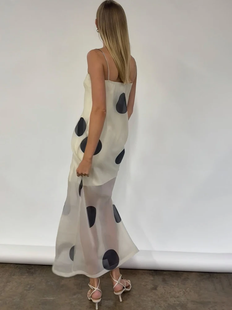 Polka dot impresso dupla camada feminina maxi vestido sexy ver através de malha vestido de verão magro elegante festa vestido de noite