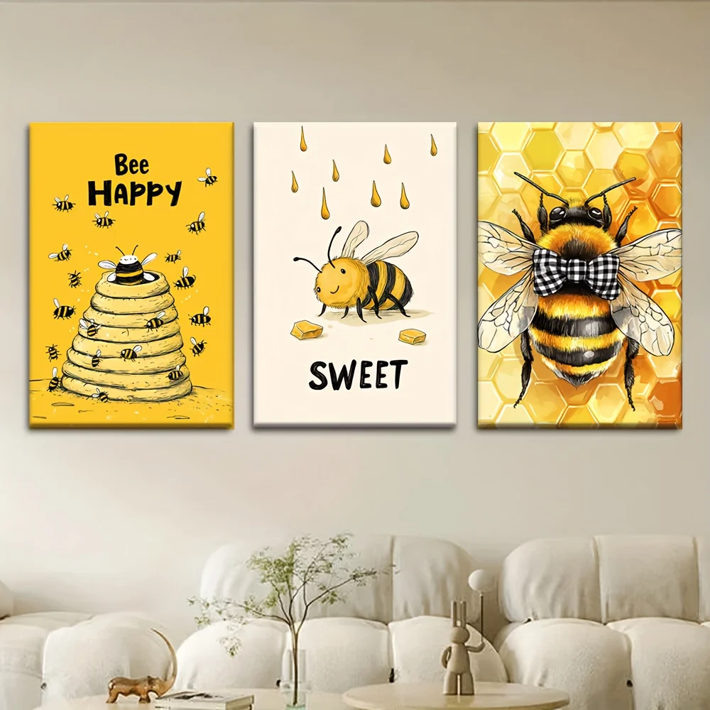 3pcs Canvas PaintingYellow Bumblebee & Bee - Unframed Canvas Posters,  Bee-Themed Paintings Suitable for Living Room