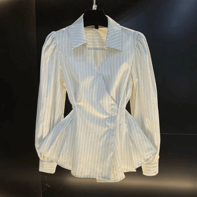 

Shirt Tops Women Blouses Turn Down Collar Full Sleeve Striped Y2k Streetwear Elegant Splice High Waist Slim Work Top Shirts 2025